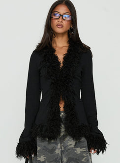 Brynlie Faux Fur Trim Boxy Cardigan Black