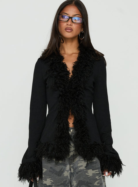 Brynlie Faux Fur Trim Boxy Cardigan Black