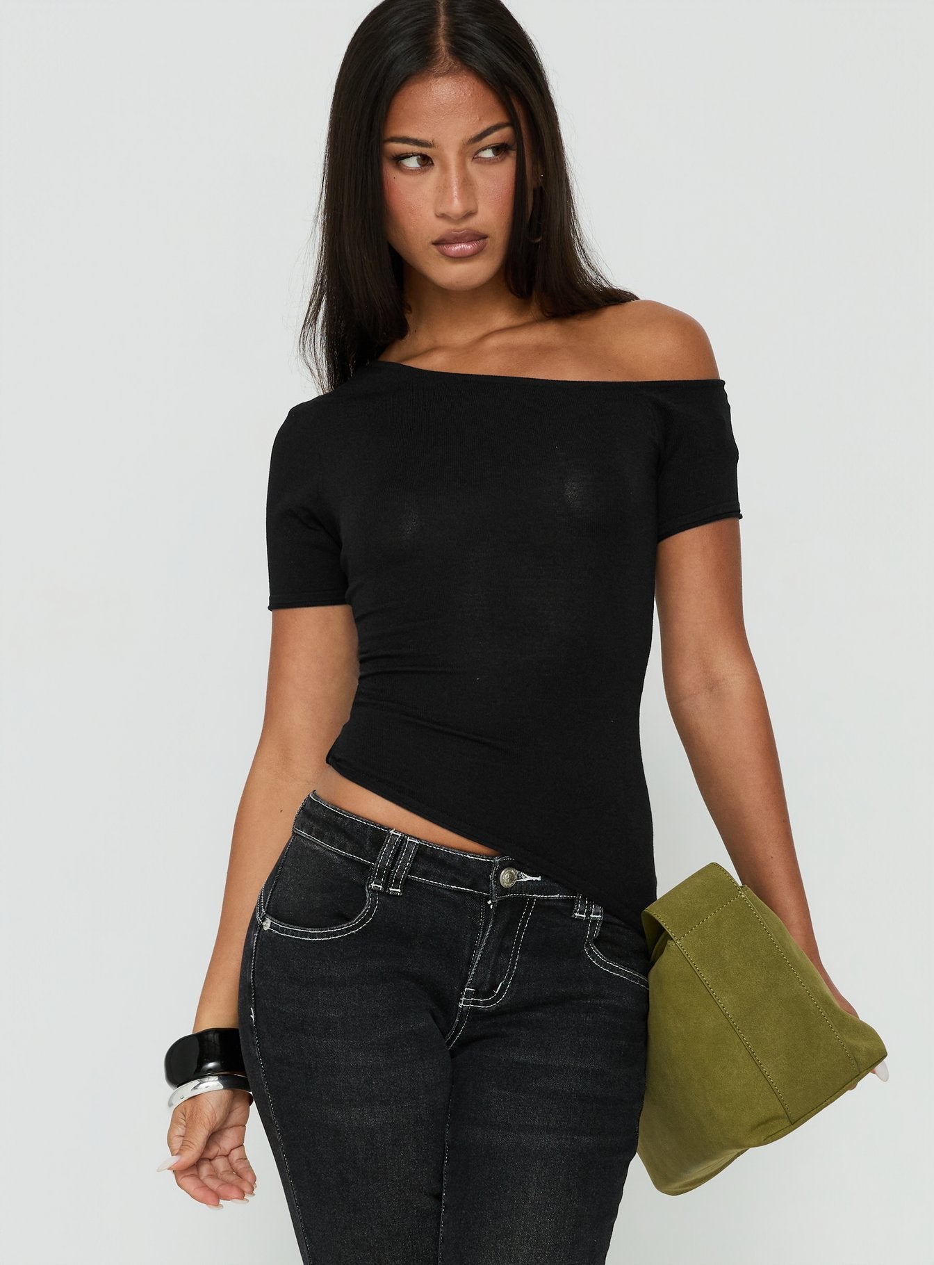 Kastor One Shoulder Short Sleeve Top Black