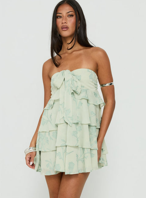 Kalari Strapless Layered Mini Dress Soft Green