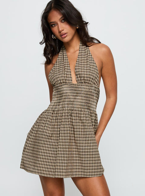 Princess Polly Women's Juanette Check Halter Minidress - Natural - Mini dresses Princess Polly Women's Juanette Check Halter Minidress - Natural - Mini dresses