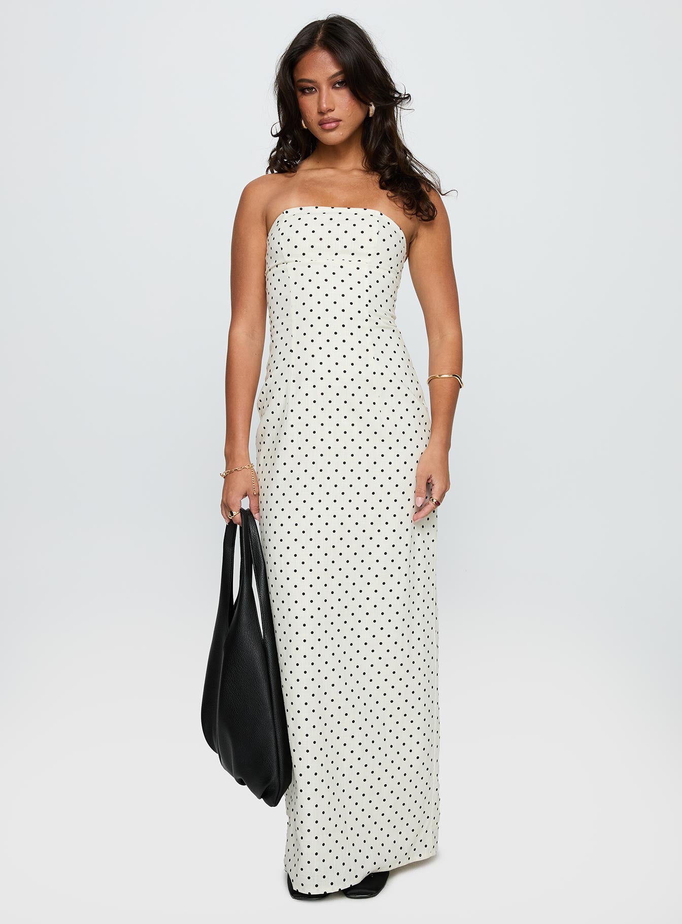 Dovie Linen Blend Strapless Midi Dress Cream Polka | Princess Polly Dovie Linen Blend Strapless Midi Dress Cream Polka | Princess Polly