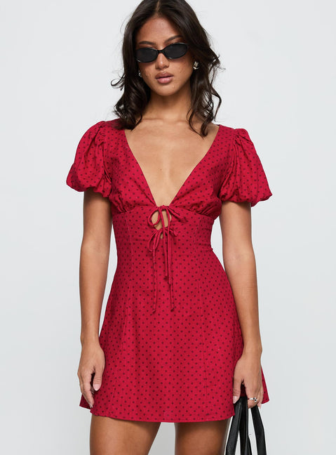 Beloved Puff Sleeve Linen Blend Mini Dress Red Polka Beloved Puff Sleeve Linen Blend Mini Dress Red Polka