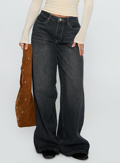 side view of model wearing Princess Polly Naylor Wide Leg Jeans Grey Wash Low Rise Jeans 