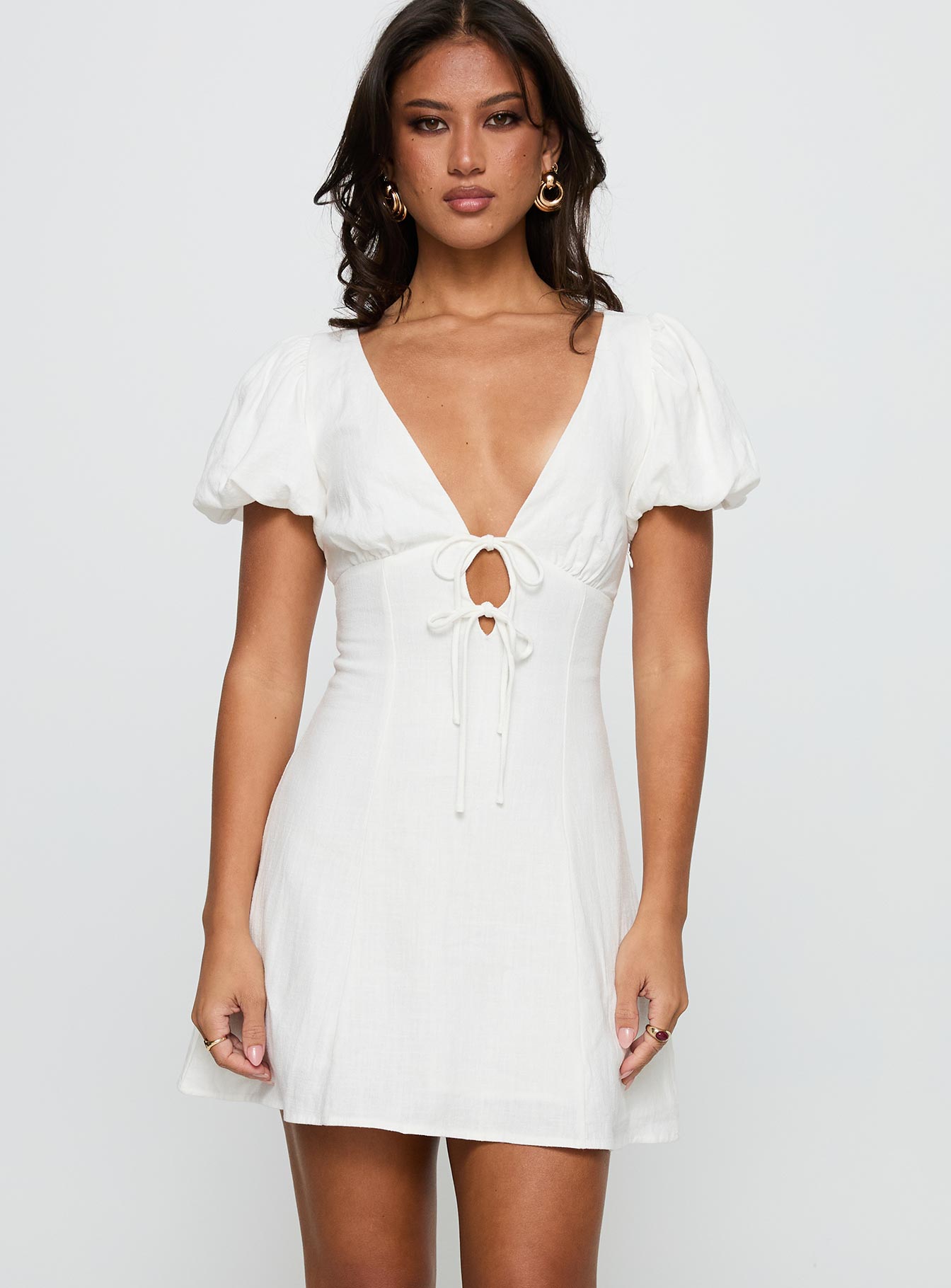 Beloved Puff Sleeve Linen Blend Mini Dress White | Princess Polly