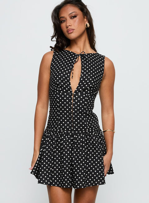 Alissea Keyhole Linen Blend Mini Dress Black Polka | Princess Polly Alissea Keyhole Linen Blend Mini Dress Black Polka | Princess Polly