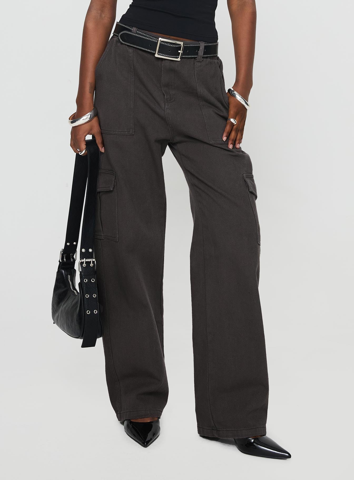 front view of model wearing Princess Polly Pawley Cargo Pants Slate High Waisted Pants 