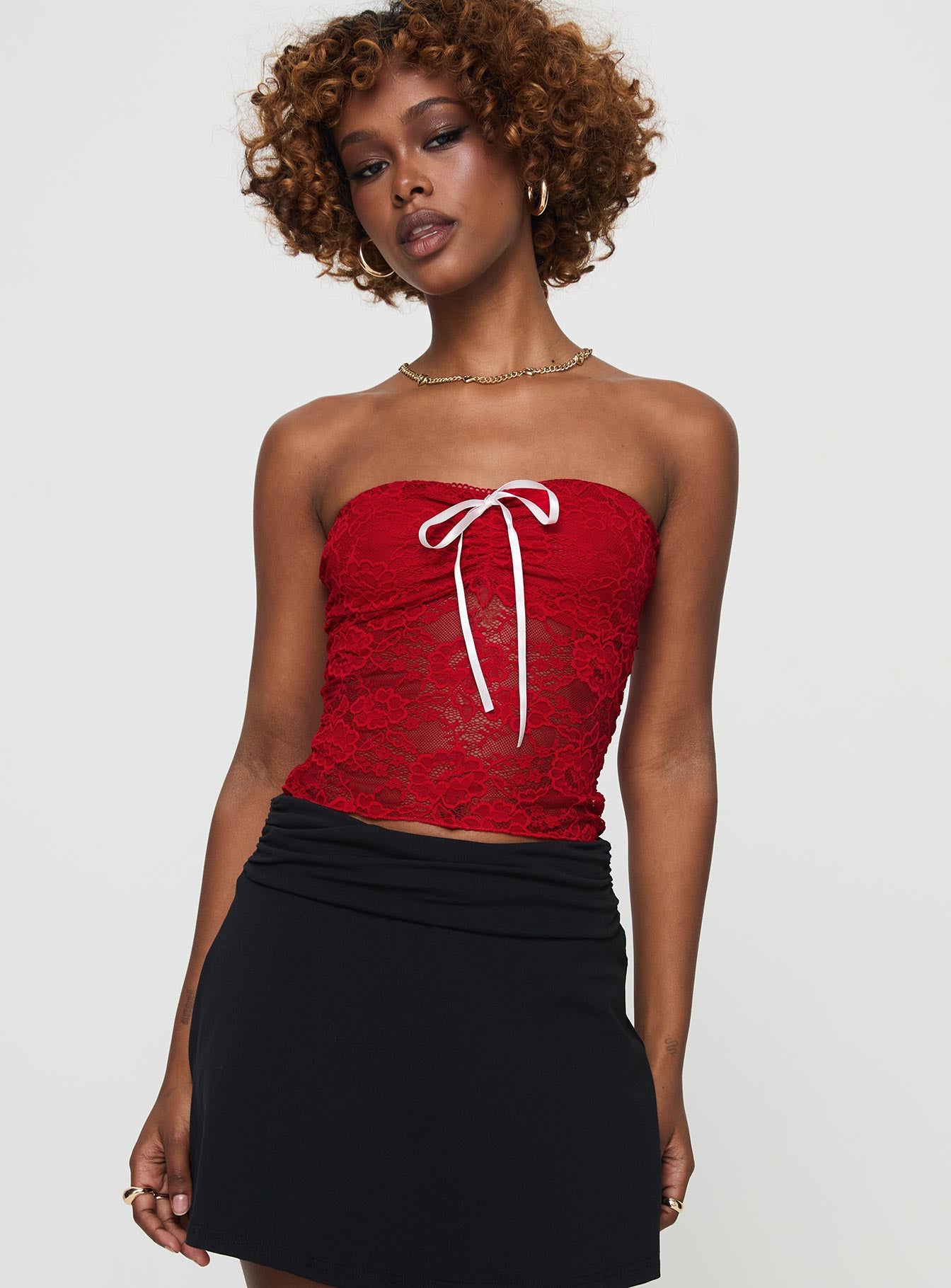 front view of model wearing Princess Polly Winnick Strapless Lace Top Red Sleeveless Sweetheart 