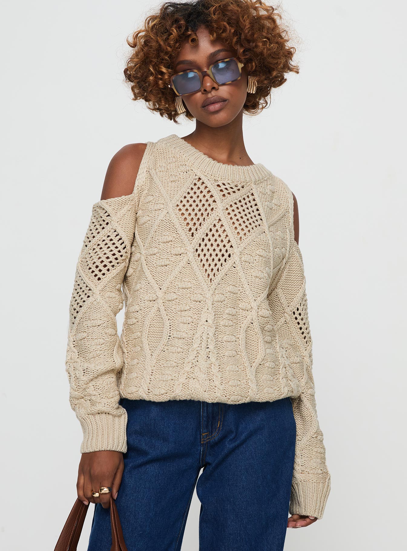 front view of model wearing Princess Polly Colser Cable Knit Sweater Beige Beige regular 