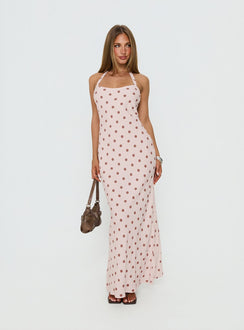 Picante Bias Cross Back Maxi Dress Pink Polka