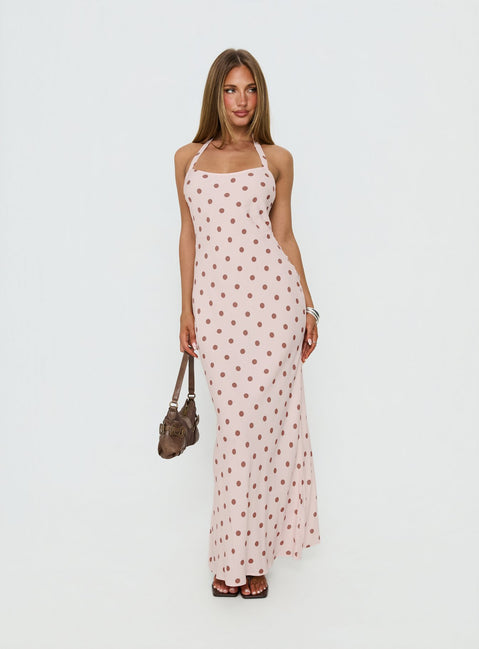 Picante Bias Cross Back Maxi Dress Pink Polka