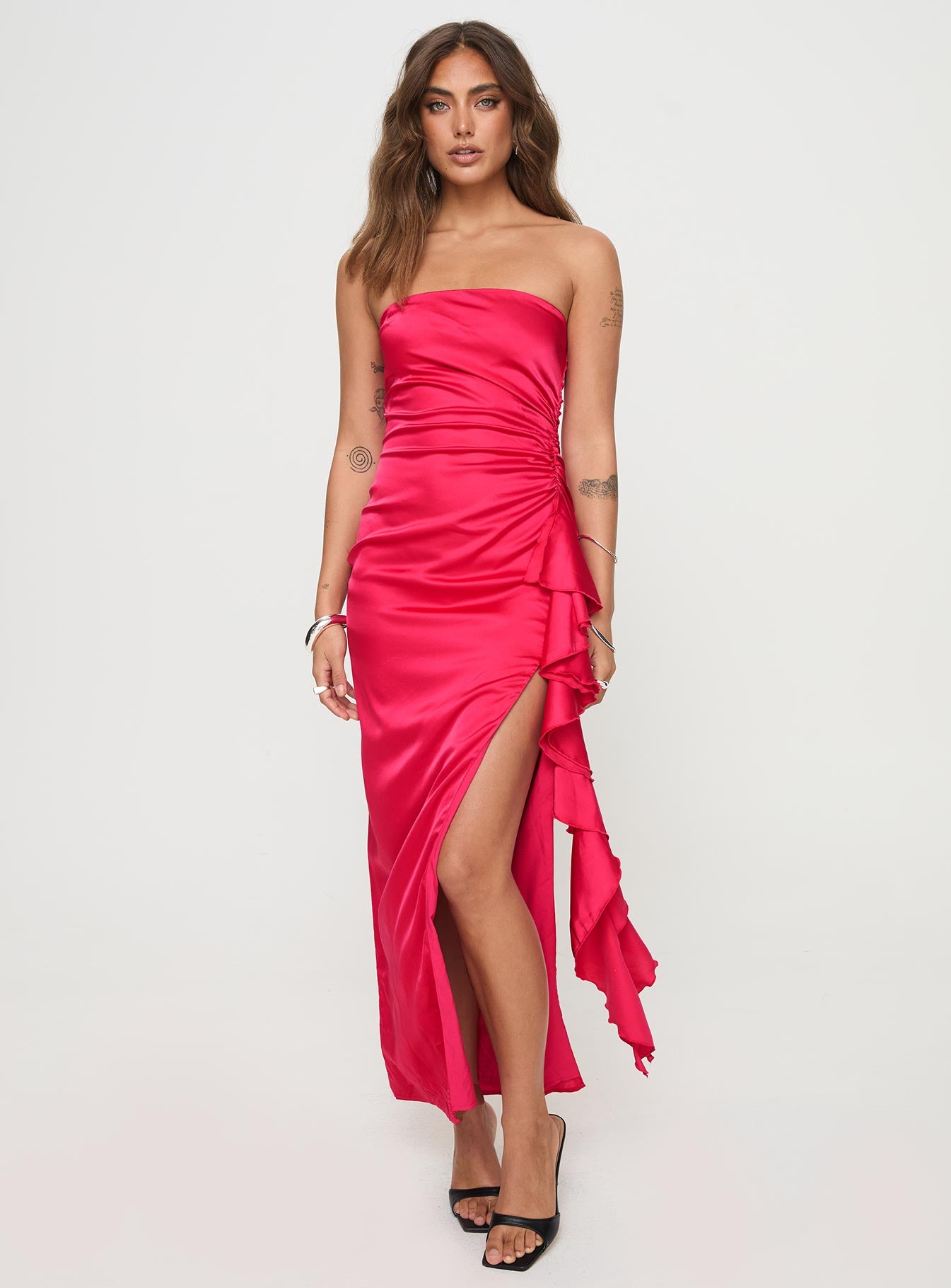 side view of model wearing Princess Polly Callita Strapless Maxi Dress Red Straight Neck 
