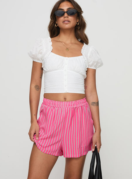 Striped shorts Elasticated waistband, twin hip pockets, drawstring with tie fastening at waist Non-stretch material, unlined 