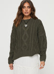 front view of model wearing Princess Polly Anaya Oversized Sweater Olive Long 