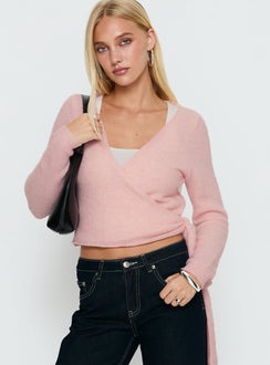 front view of model wearing Princess Polly Tonee Wrap Knit Cardigan Pink cropped 