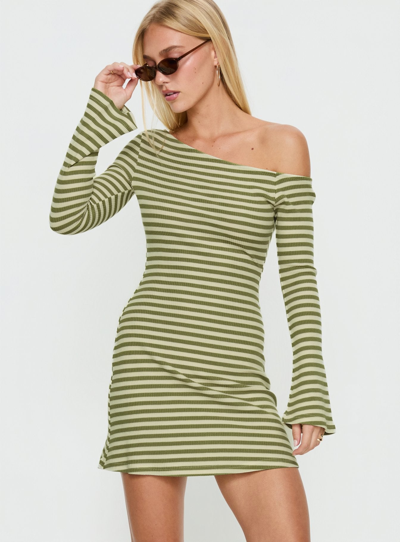 Adrietta Long Sleeve Off Shoulder Mini Dress Cream | Matcha Stripe | Cream | Matcha Stripe | Womens