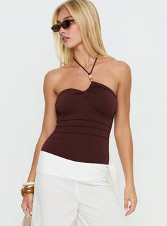 front view of model wearing Princess Polly Meda Bead Detail Ruched Bodysuit Brown Sleeveless 