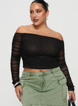 front view of model wearing Princess Polly Hartford Off The Shoulder Top Black Curve Full Sleeves straight 