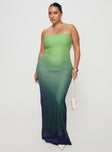 side view of model wearing Princess Polly Stolen Love Strapless Maxi Dress Blue / Green Ombre Curve Straight Neck 