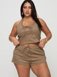 back view of model wearing Princess Polly Eternal Youth Faux Suede Short Taupe Curve High Waisted Shorts 