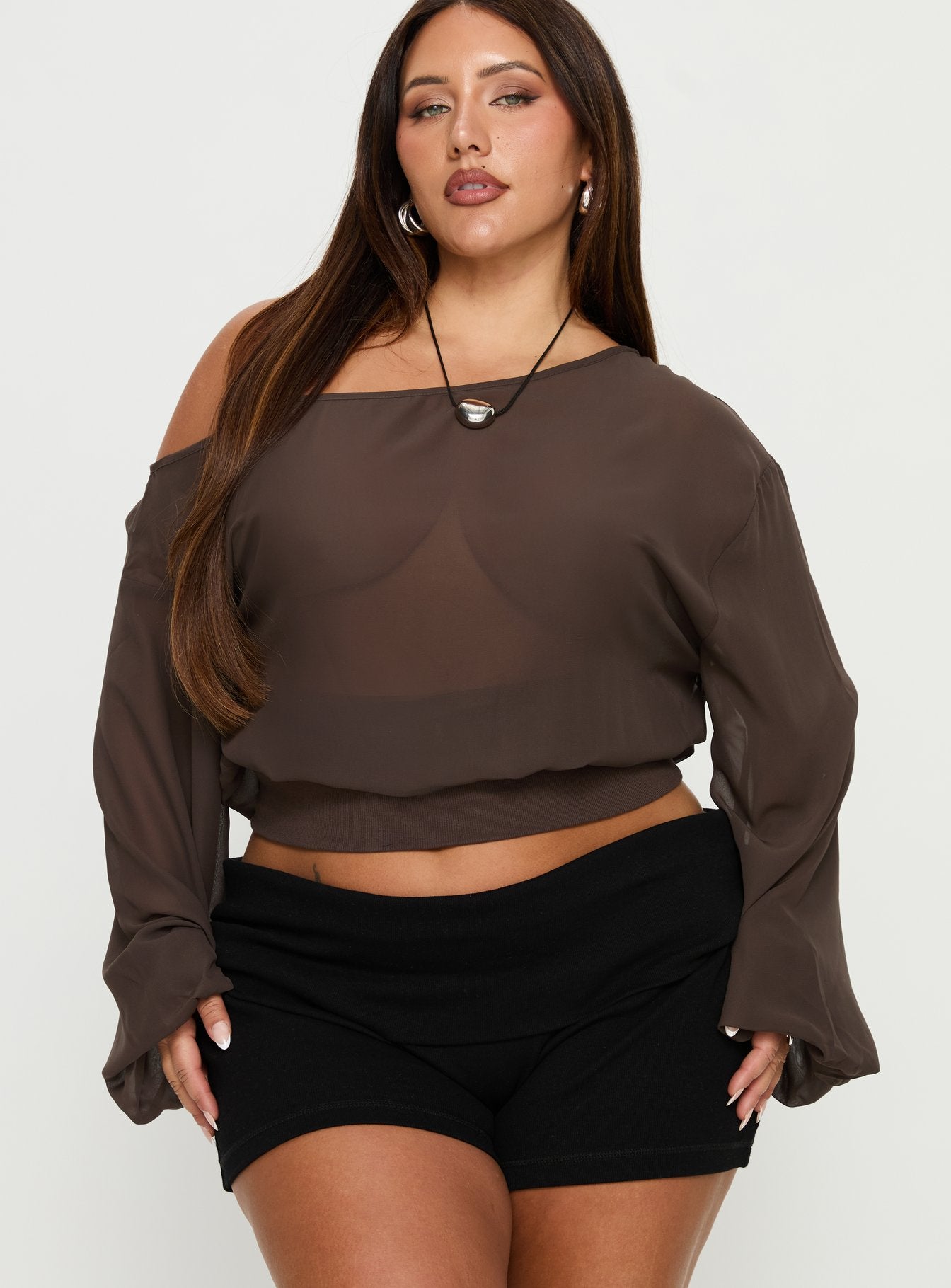 Idalina Slouchy Chiffon Top Brown Curve