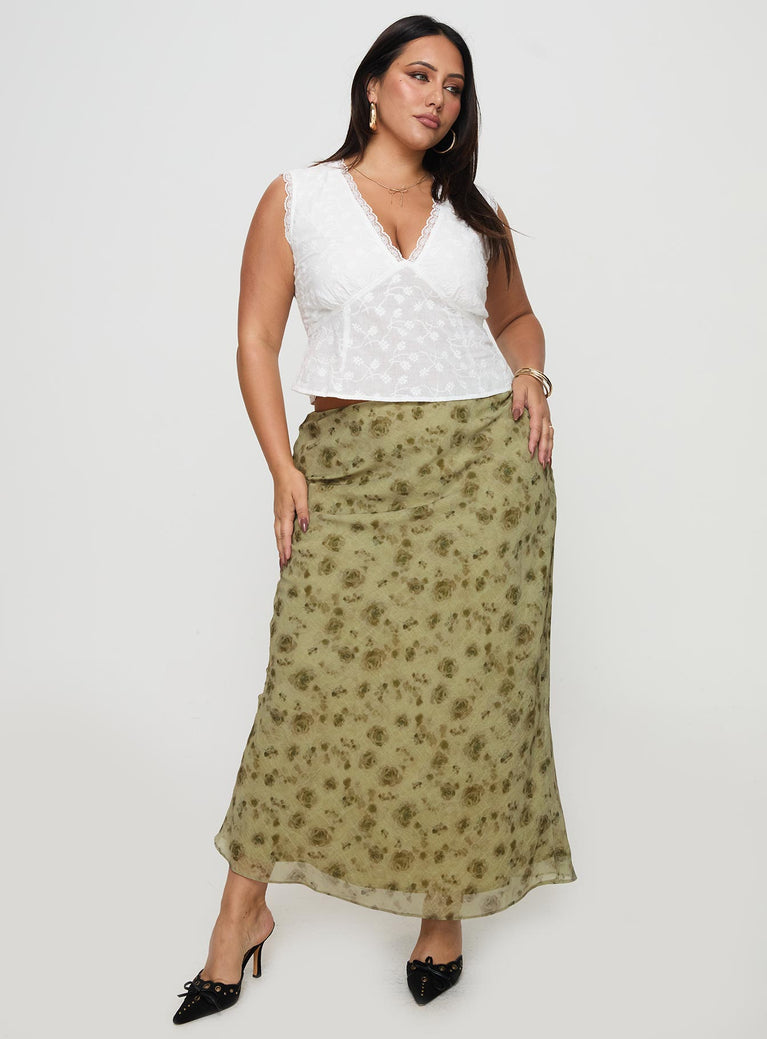   front view of model wearing Princess Polly Piazia Maxi Skirt Green Curve Maxi 