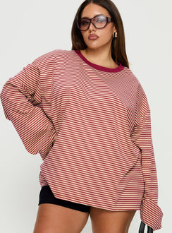 Settle Down Long Sleeve Top Lemon / Burgundy Stripe Curve