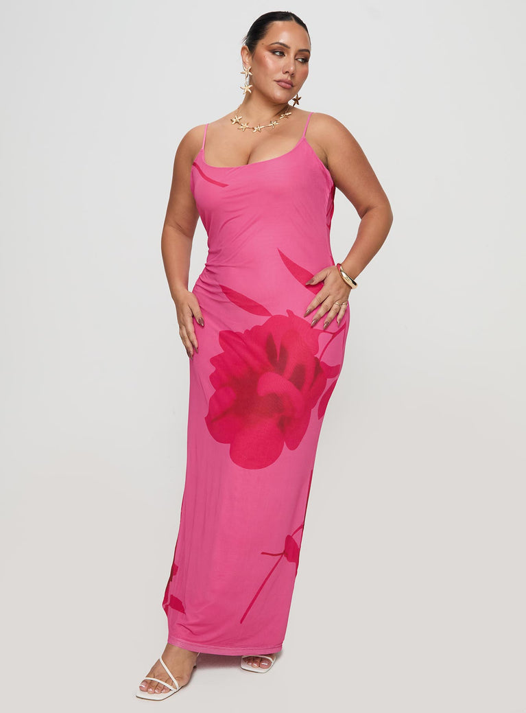 front view of model wearing Princess Polly Knox Maxi Dress Hot Pink Floral Curve Scoop Neck 