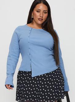 back view of model wearing Princess Polly Baseline Button Up Long Sleeve Top Blue Curve Full Sleeves Crew Neck 