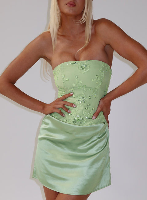 Lyrena Strapless Beaded Mini Dress Green | Princess Polly Lyrena Strapless Beaded Mini Dress Green | Princess Polly