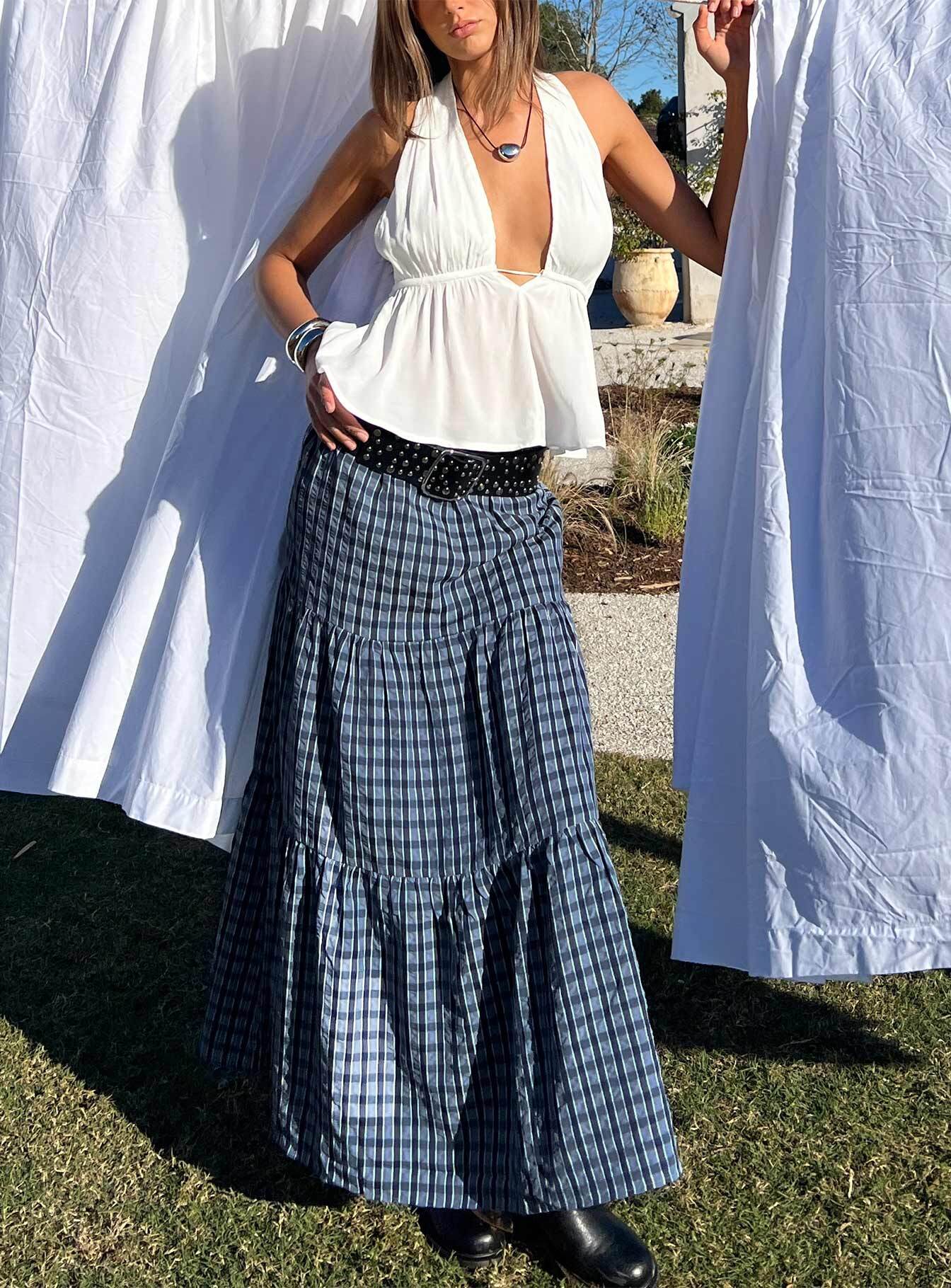 Rockwell Tiered Midi Skirt Navy Check | Princess Polly