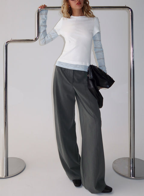 front view of model wearing Princess Polly Sarito Low Rise Straight Leg Pants Grey Mid Rise Pants 