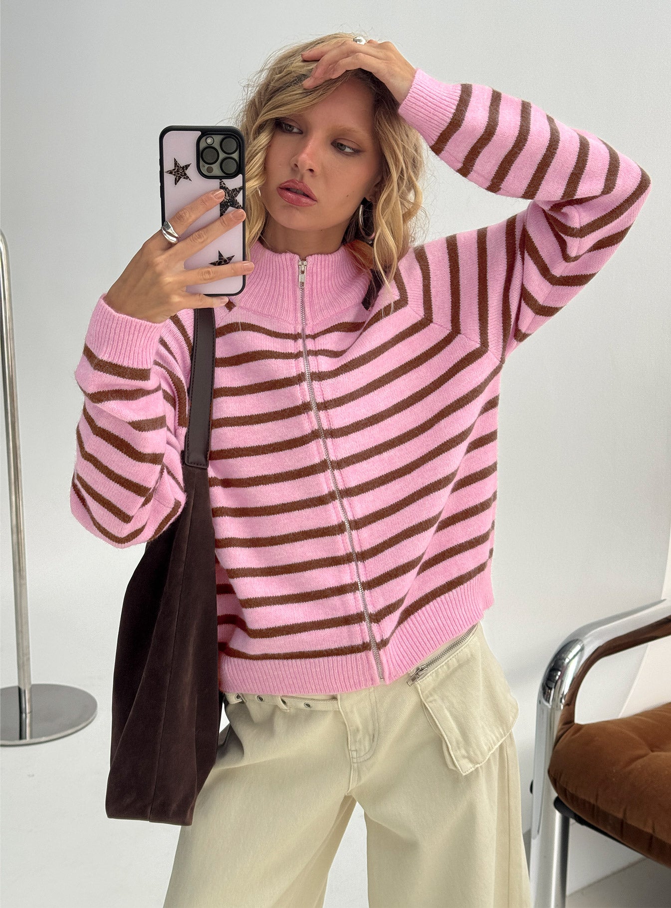 Kaylei Zip Through Cardigan Pink Stripe | Princess Polly