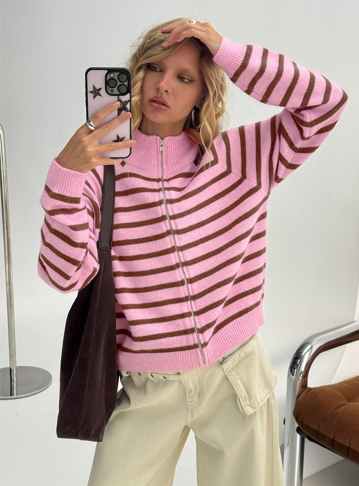 Princess Polly Kaylei Zip Through Cardigan Pink Stripe