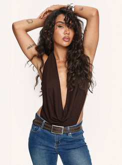 back view of model wearing Princess Polly Quinna Plunge Neck Backless Bodysuit Chocolate Sleeveless 