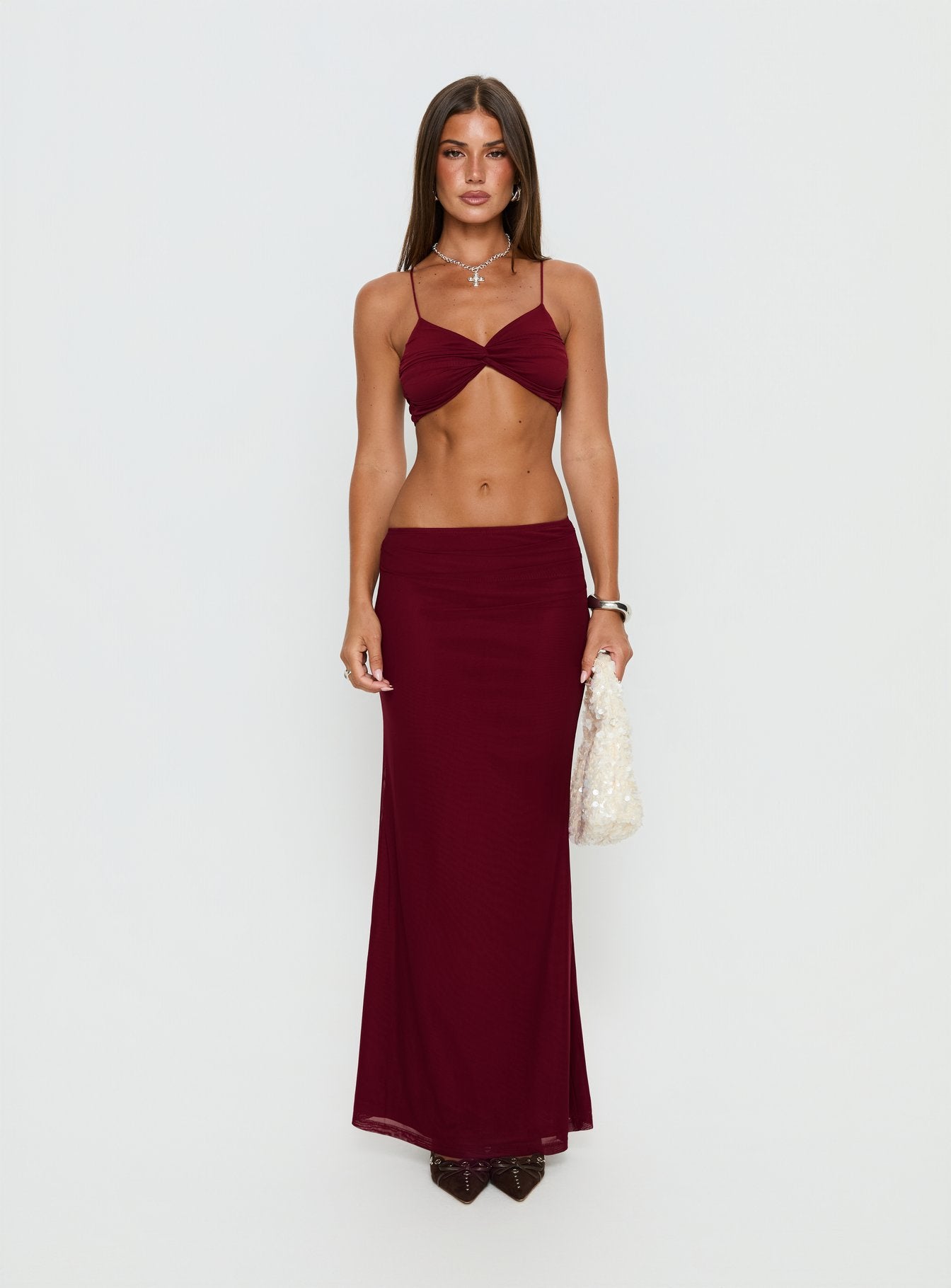   front view of model wearing Princess Polly Delores Ruched Maxi Skirt Red Maxi Skirts 