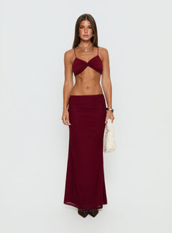   front view of model wearing Princess Polly Delores Ruched Maxi Skirt Red Maxi Skirts 