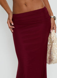 back view of model wearing Princess Polly Delores Ruched Maxi Skirt Red Maxi Skirts 
