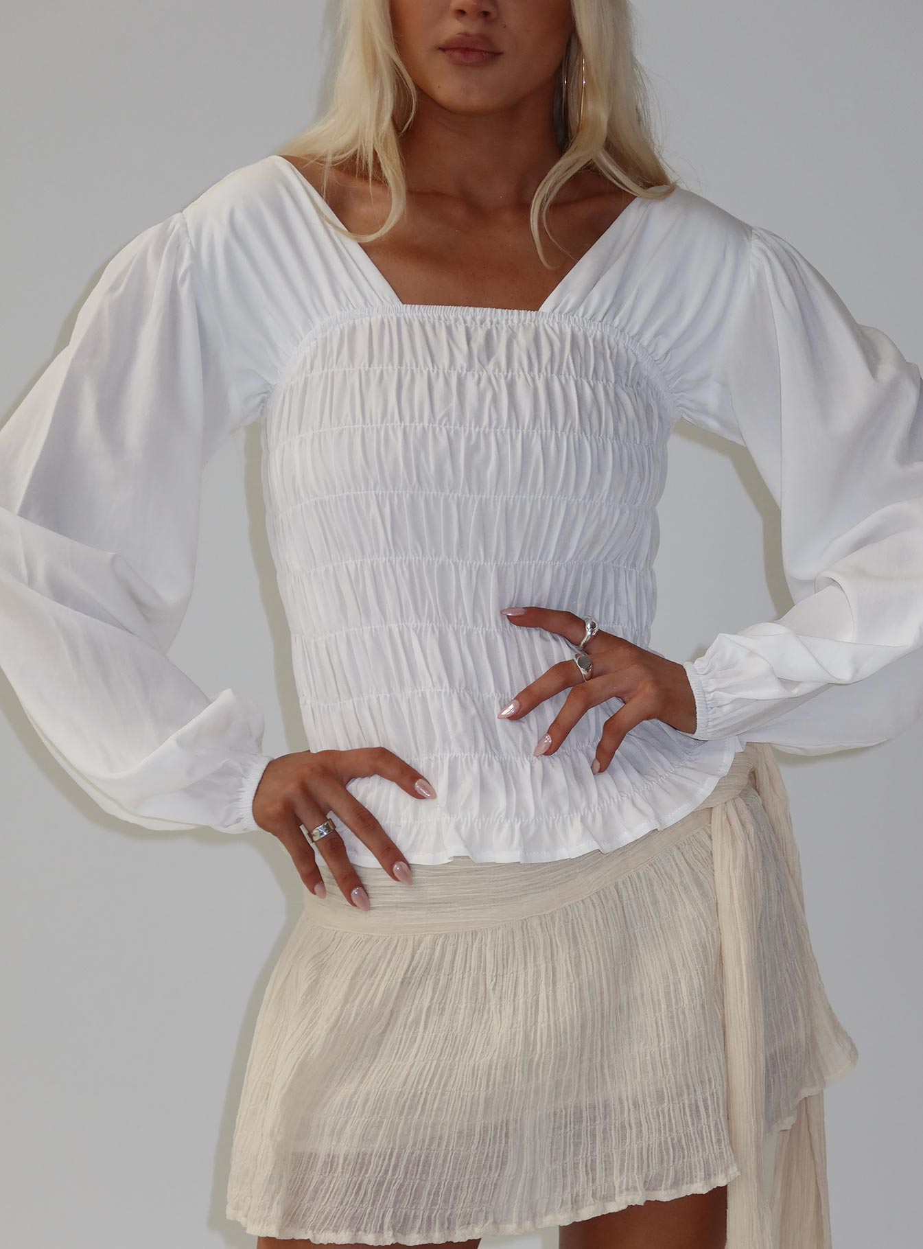 Lynnea Long Sleeve Shirred Top White | Princess Polly