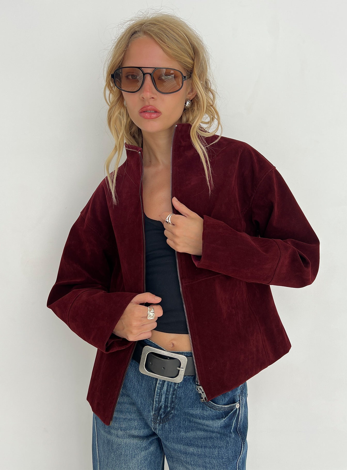 Jessalynn Faux Suede Zip Through Jacket Burgundy | Princess Polly