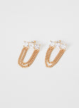 Earrings Gold toned, stud fastening, gem and chain detail