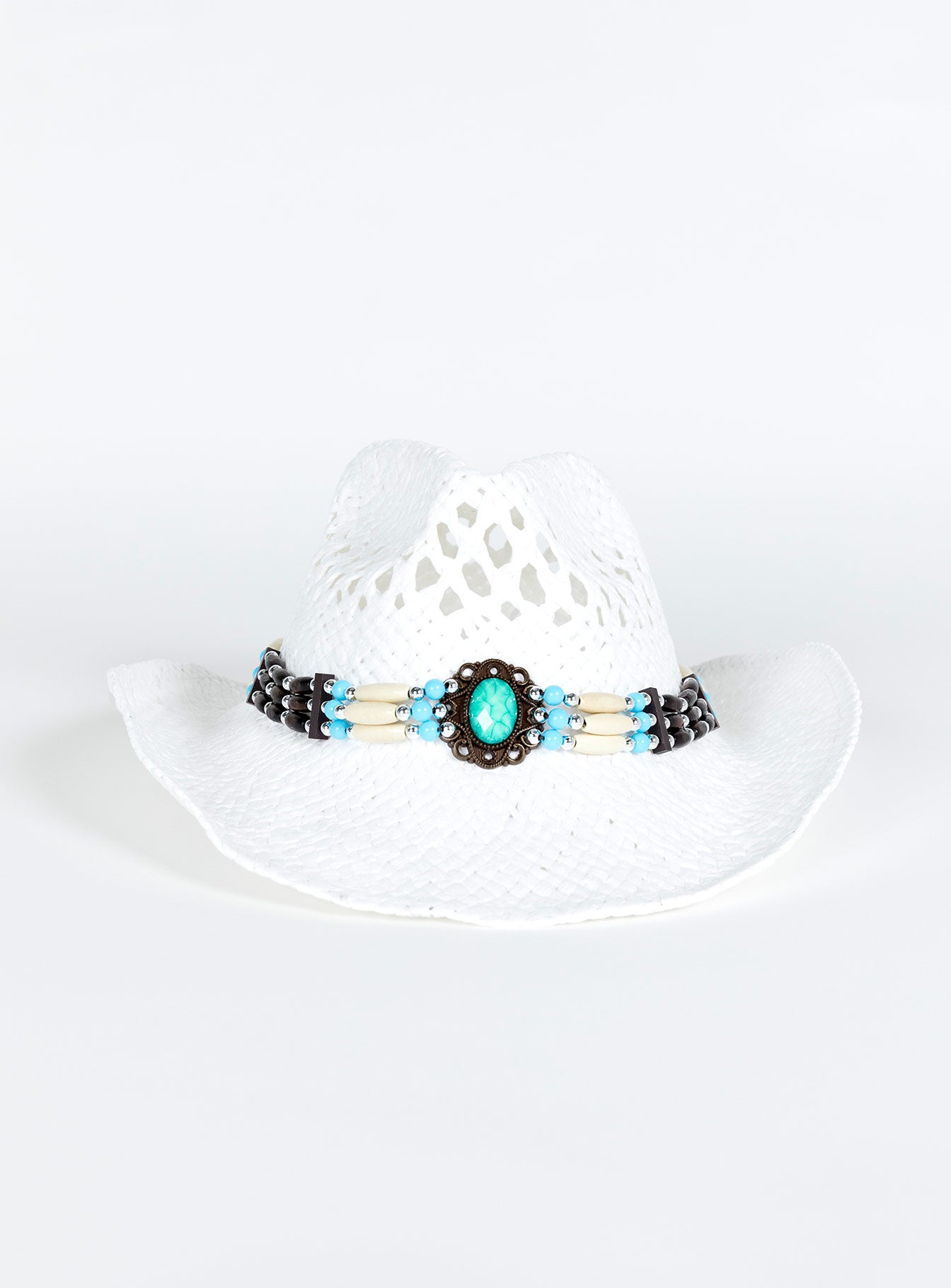 Cowboy hat Woven straw Curved wide brim  Internal adjustable drawstring Mouldable brim shape Bead detail