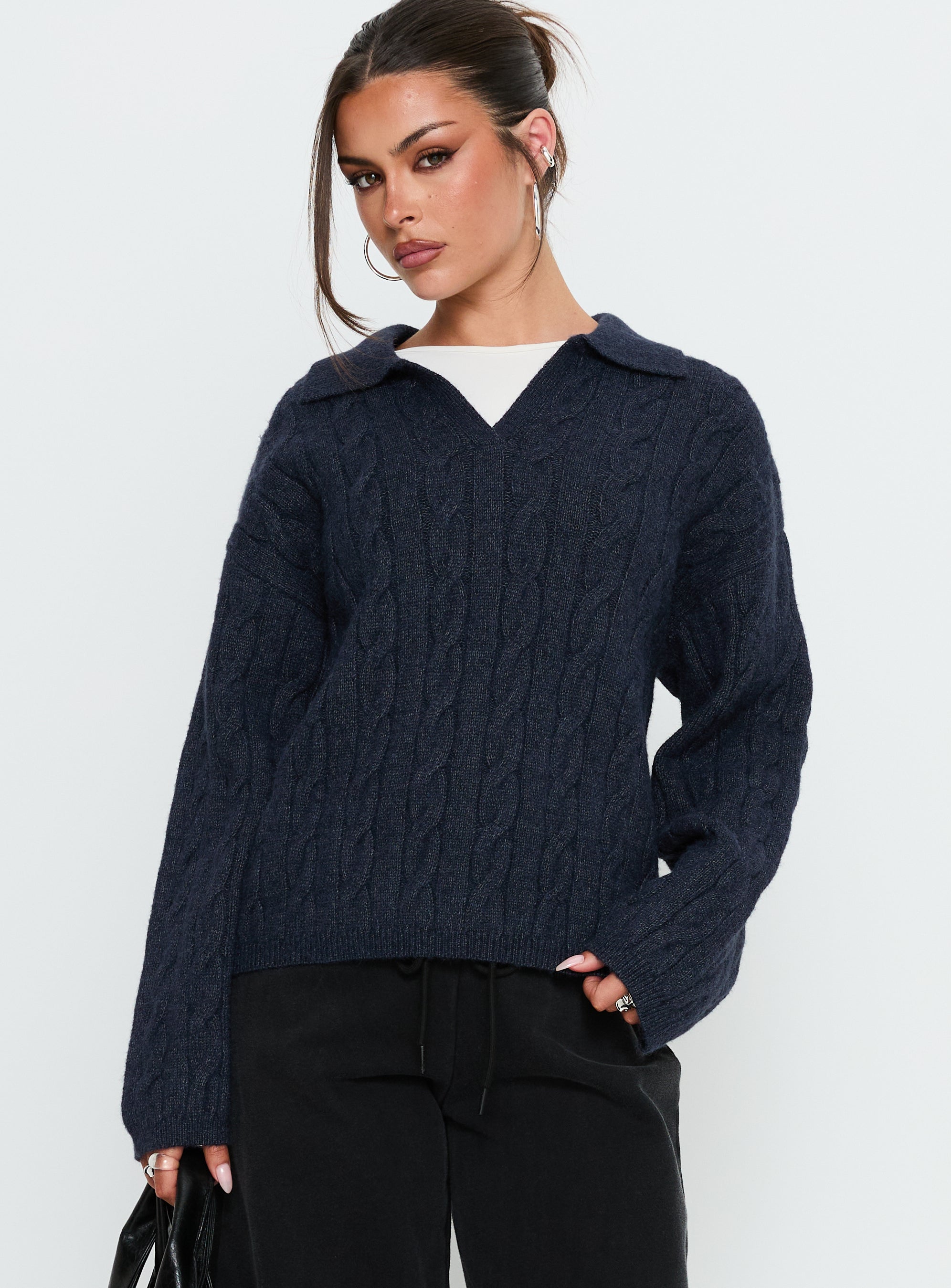 Brodey Collared Cable Knit Sweater Navy | Princess Polly