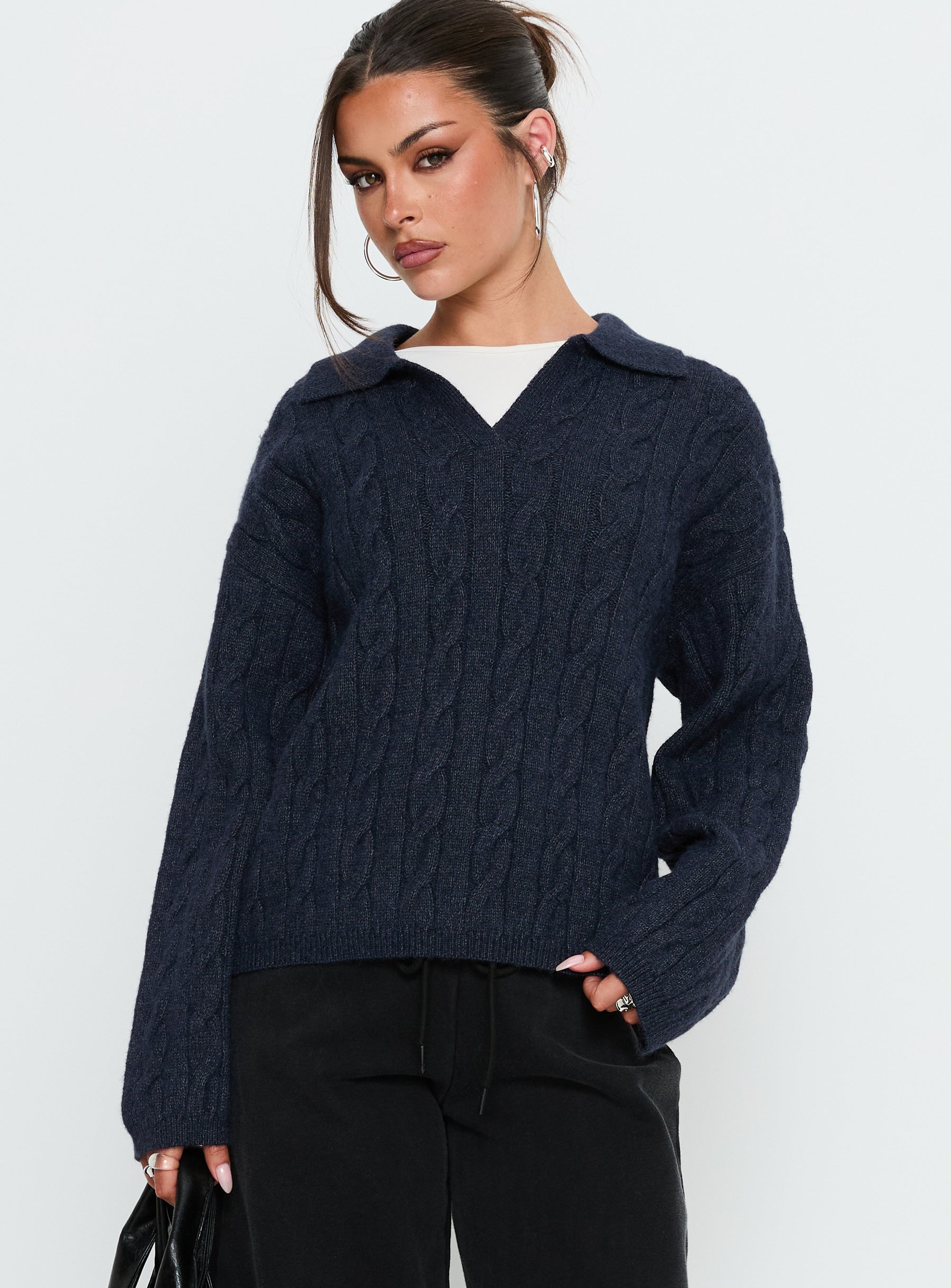 CO Brodey Collared Cable Knit Sweater Navy