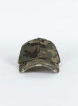 Camo print cap Velcro strap at back with distressed detail