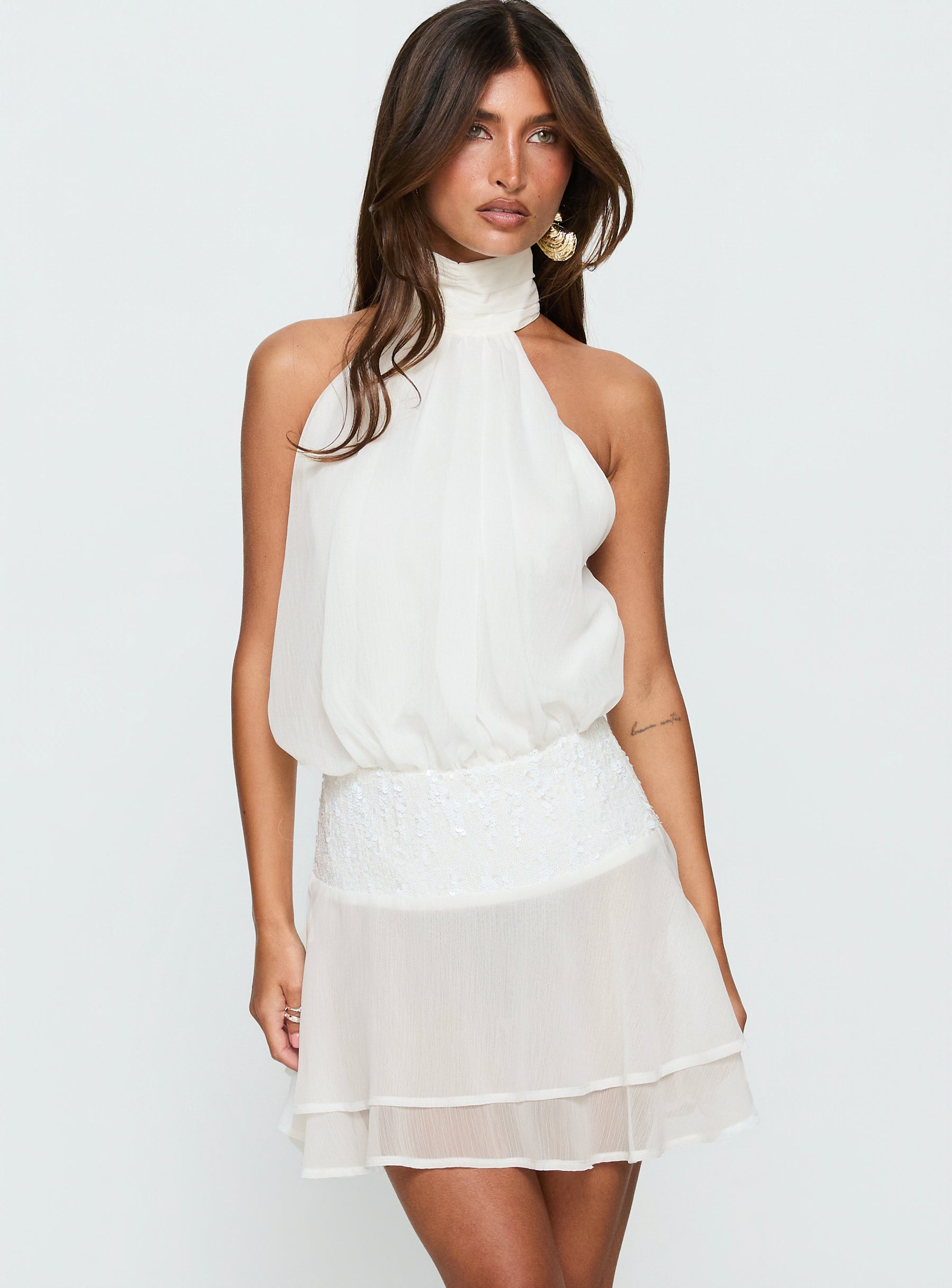 Zenayda Drop Waist Sequin Mini Dress White