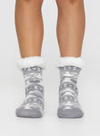 Winter socks, printed design Soft fleece lining, grip on bottoms Cold hand wash 