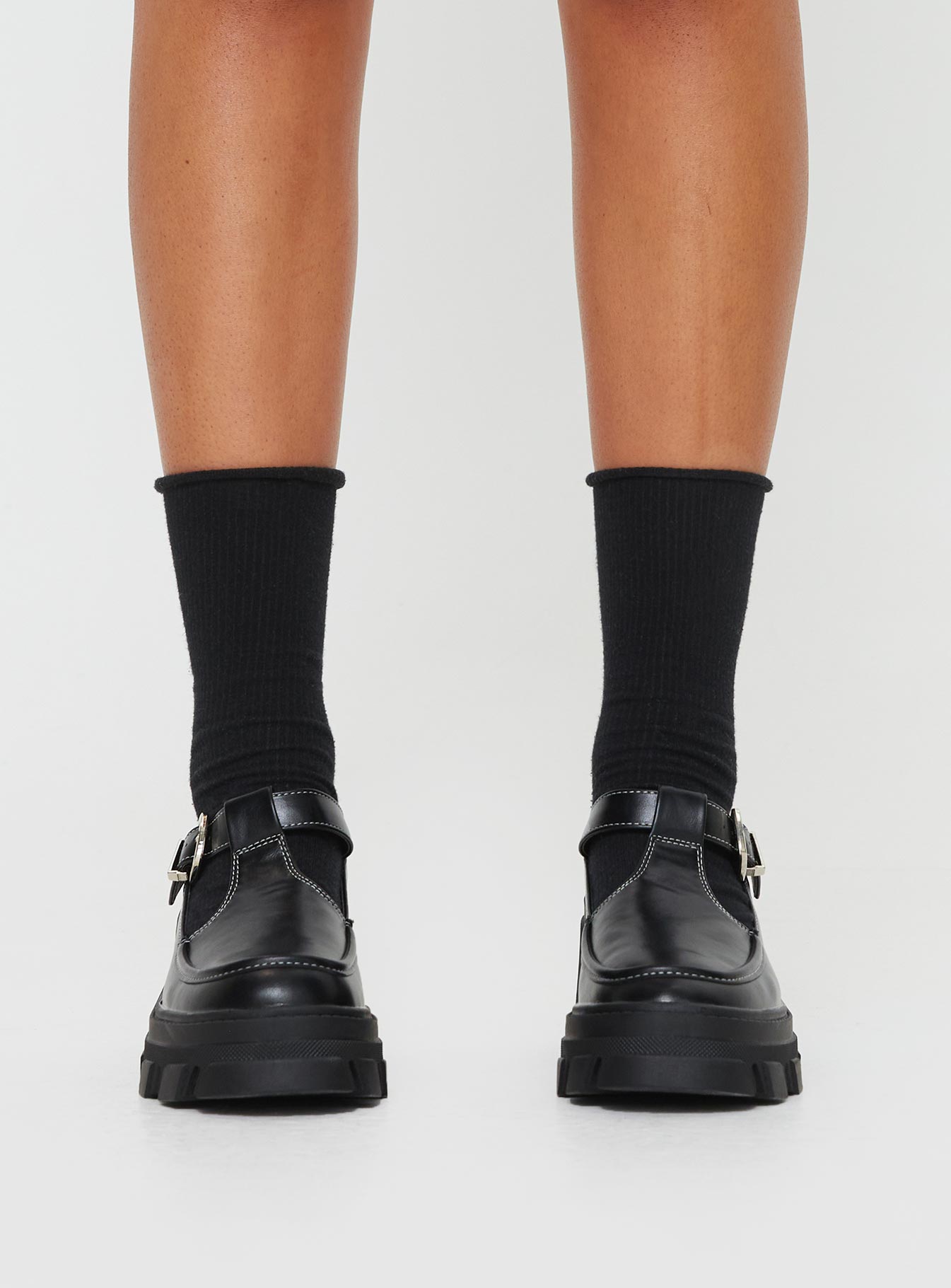 Mary jane heels  Faux leather single strap upper, contrast stitching, treaded sole, platform style, buckle fastening with silver-toned hardware