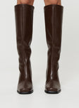 Faux leather knee-high boot Square toe, block heel, zip fastening at side, padded footbed