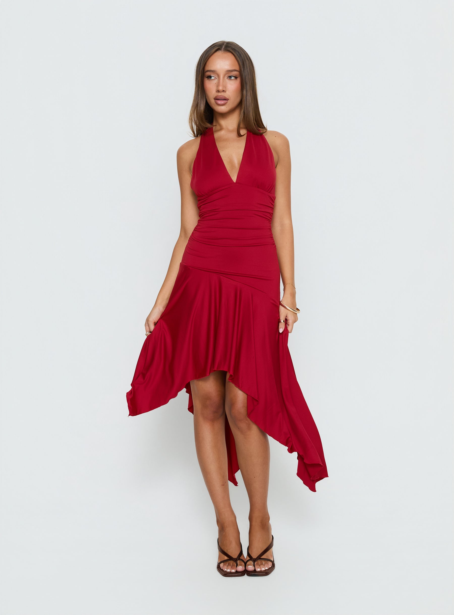 Emara Halter Asymmetrical Midi Dress Red | Princess Polly Emara Halter Asymmetrical Midi Dress Red | Princess Polly